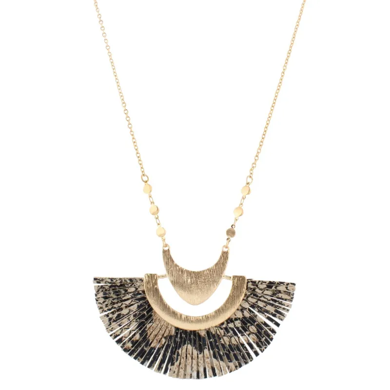 32" Gold Chain Necklace with Jet/Brown Snakeskin Fringed Fan, 3" Ext. sold by Charming Charlie