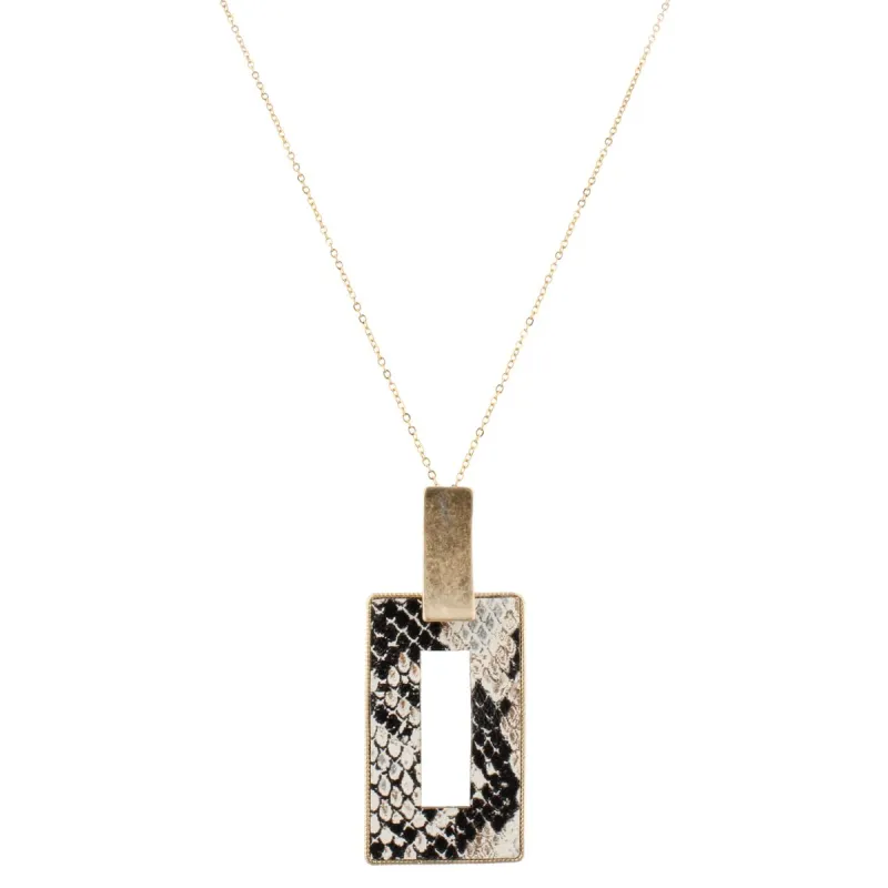 32" Gold Chain Necklace with Jet, Gold, Silver Snakeskin Leather Open Rectangle, 3" Ext. sold by Charming Charlie