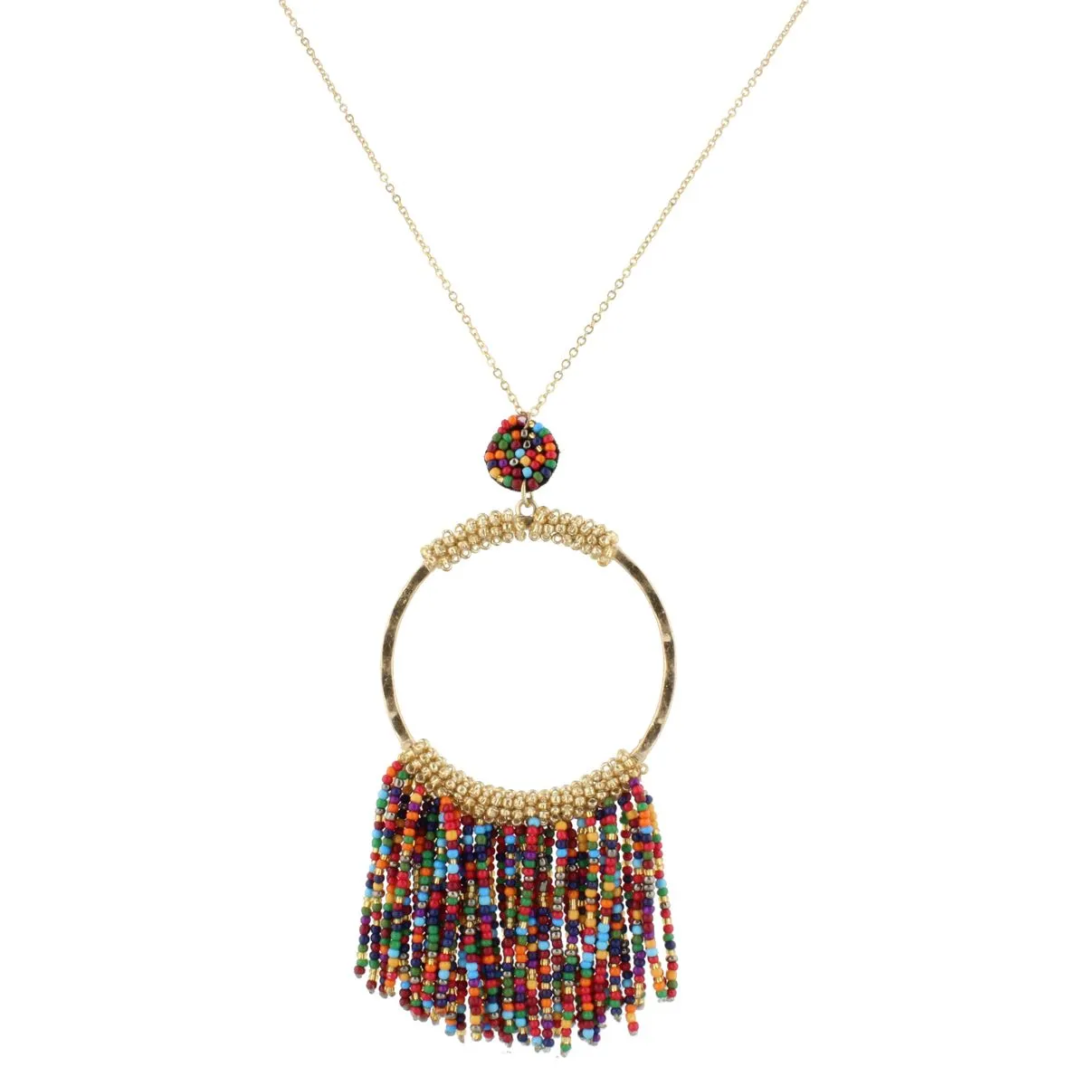 32" Gold Chain Necklace with Multi & Gold Beaded Hoop with Multi Beaded Fringe, 3" Ext. sold by Charming Charlie