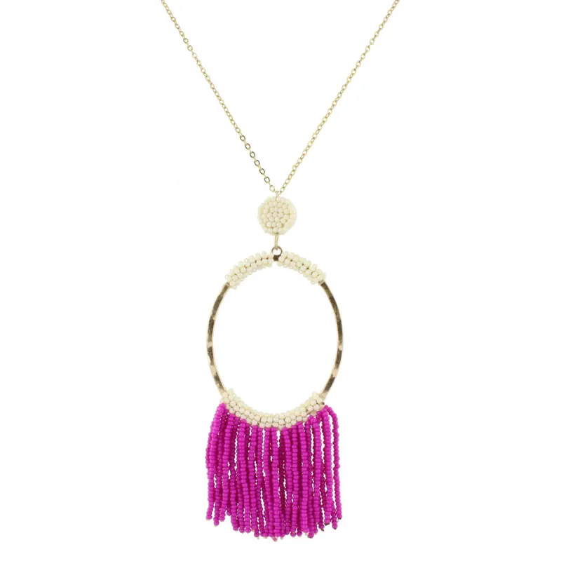 32" Gold Chain Necklace with Ivory Beaded Oval with Fuschia Beaded Fringe, 3" Ext. sold by Charming Charlie