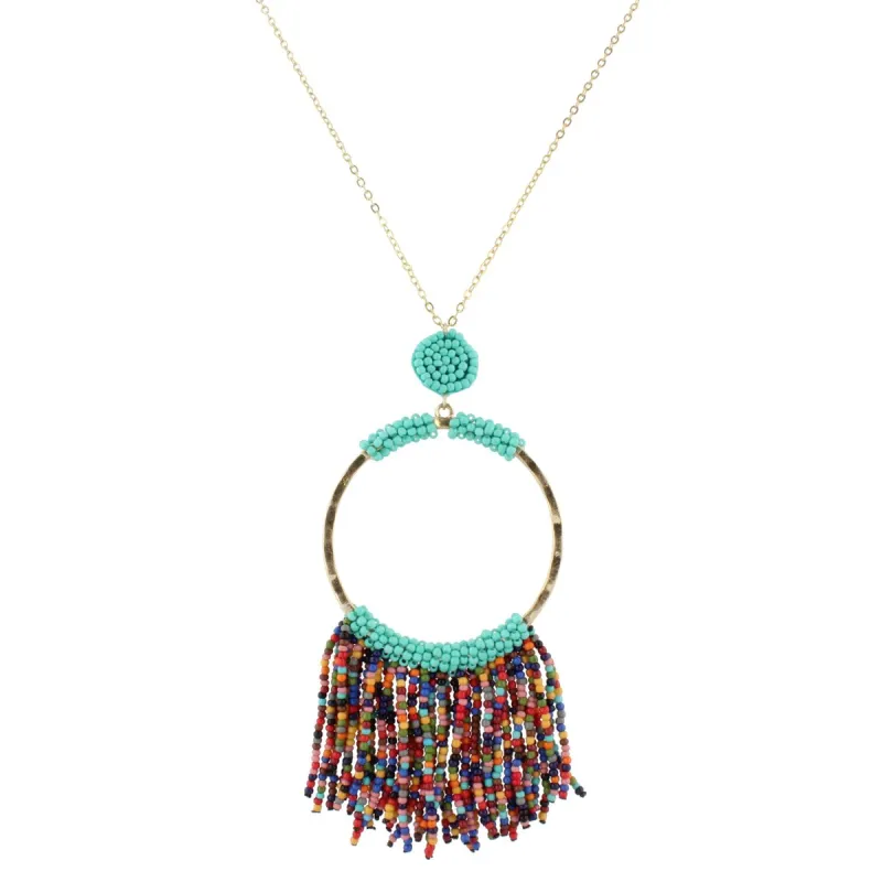 32" Gold Chain Necklace with Turquoise Beaded Hoop with Multi Beaded Fringe, 3" Ext. sold by Charming Charlie