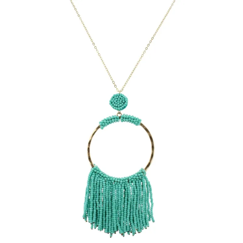 32" Gold Chain Necklace with Turquoise Beaded Hoop with Turquoise Beaded Fringe, 3" Ext. sold by Charming Charlie