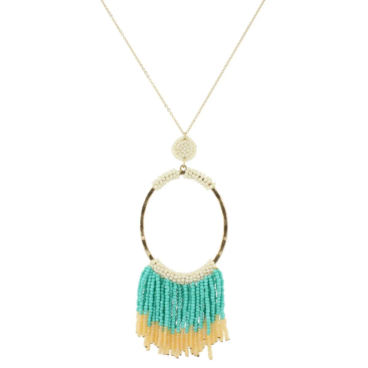 32" Gold Chain Necklace with Ivory Beaded Oval with Turquoise Beaded Fringe, 3" Ext. sold by Charming Charlie