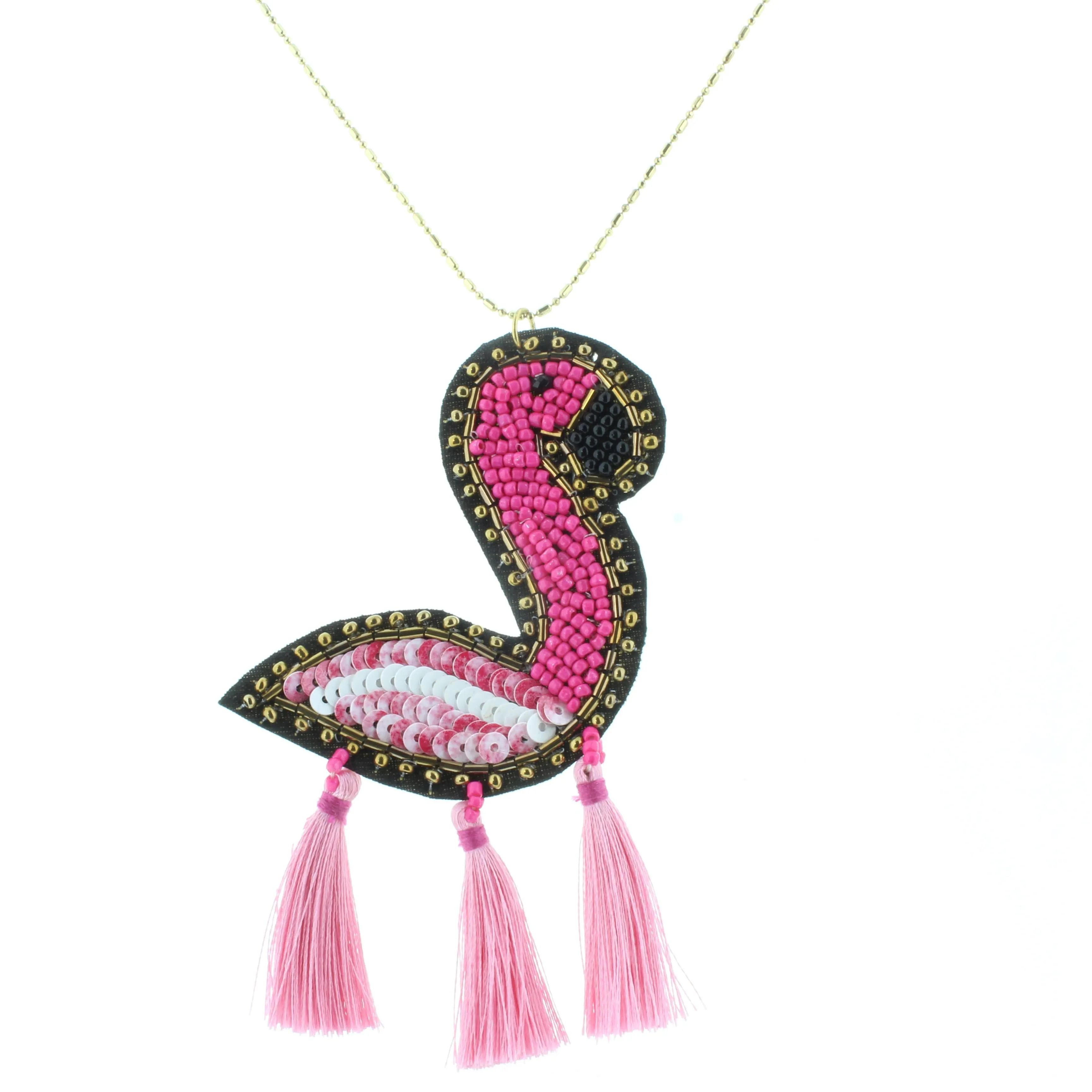 24" Gold Chain Necklace with Beaded Flamingo and Tassels, 3" Ext. sold by Charming Charlie