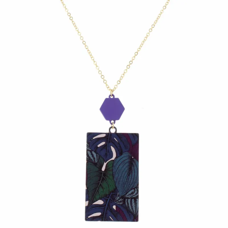 32" Purple Hexagon with Multi Palm Rectangle Pendant Necklace, 3" Ext. sold by Charming Charlie