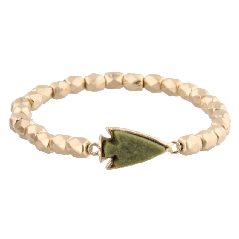 Gold Beaded Stretch Bracelet with Olive Arrowhead Shaped Druzy sold by Charming Charlie