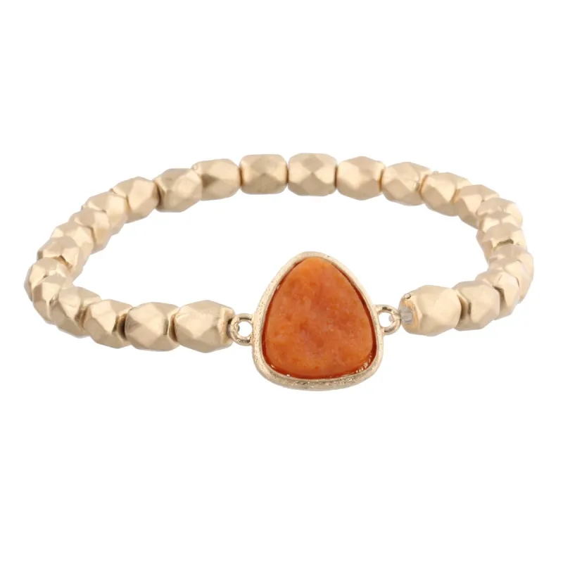 Gold Beaded Stretch Bracelet with Burnt Orange Rounded Triangle Shaped Druzy sold by Charming Charlie