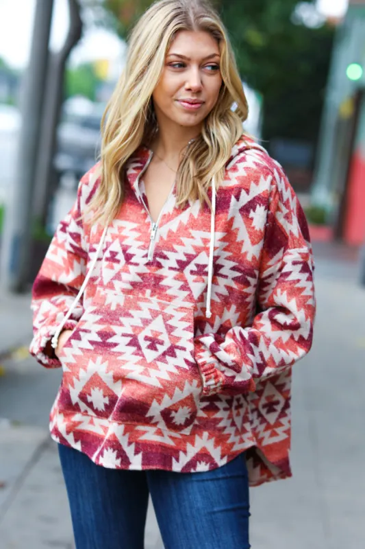 Fall For You Rust & Burgundy Aztec Half Zip High Neck Hoodie sold by Charming Charlie