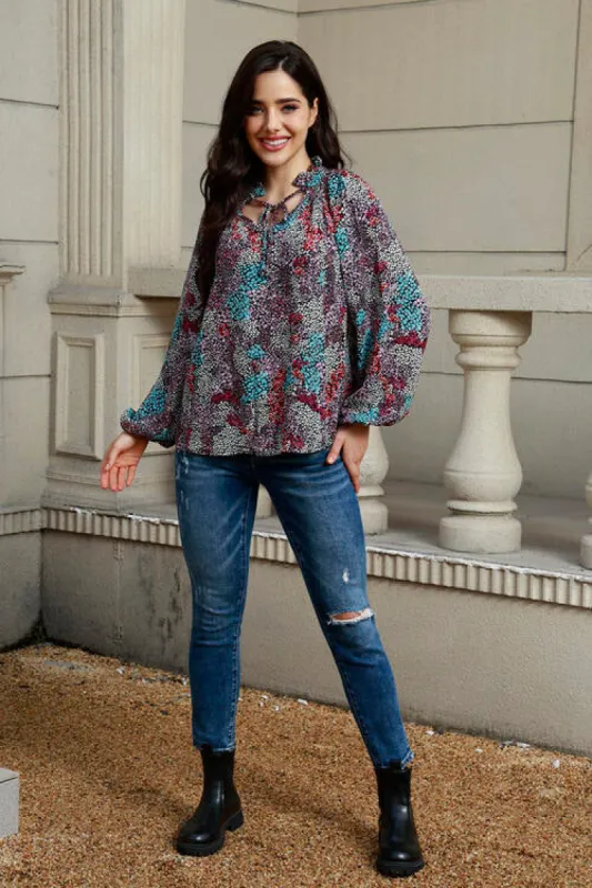 Tie Neck Heathered Balloon Sleeve Blouse sold by Charming Charlie