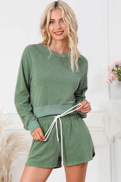 Round Neck Long Sleeve Top and Drawstring Shorts Lounge Set sold by Charming Charlie product image thumbnail 3