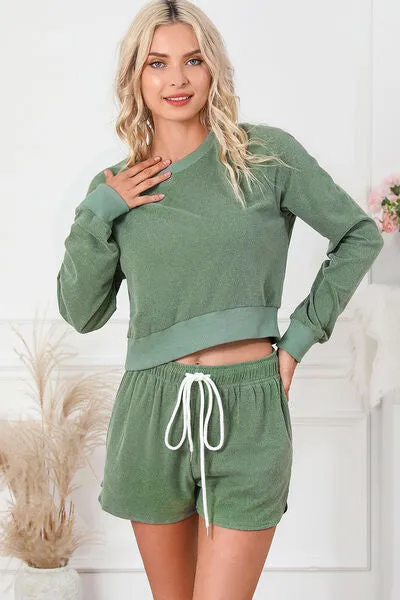 Round Neck Long Sleeve Top and Drawstring Shorts Lounge Set sold by Charming Charlie product image thumbnail 4