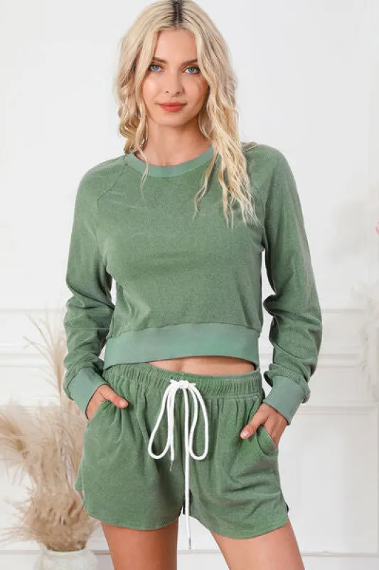Round Neck Long Sleeve Top and Drawstring Shorts Lounge Set sold by Charming Charlie