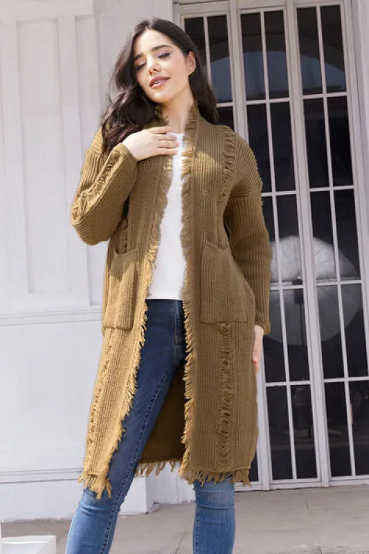 Fringe Trim Open Front Cardigan with Pockets sold by Charming Charlie