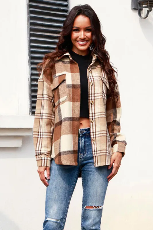 Plaid Button Up Collared Neck Long Sleeve Shacket sold by Charming Charlie