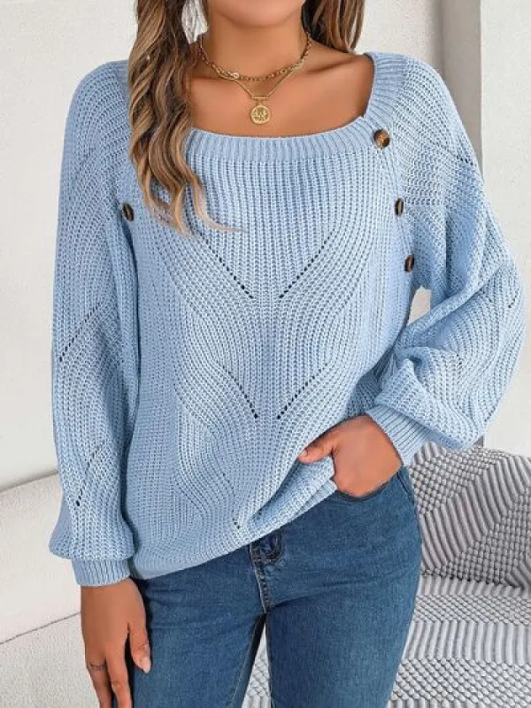 Openwork Buttoned Square Neck Sweater sold by Charming Charlie