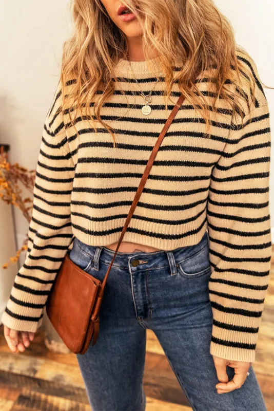 Striped Round Neck Long Sleeve Cropped Sweater sold by Charming Charlie