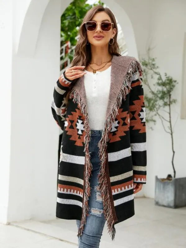 Fringe Geometric Hooded Long Sleeve Cardigan sold by Charming Charlie