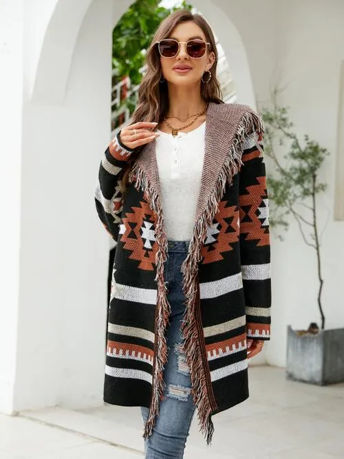 Fringe Geometric Hooded Long Sleeve Cardigan sold by Charming Charlie