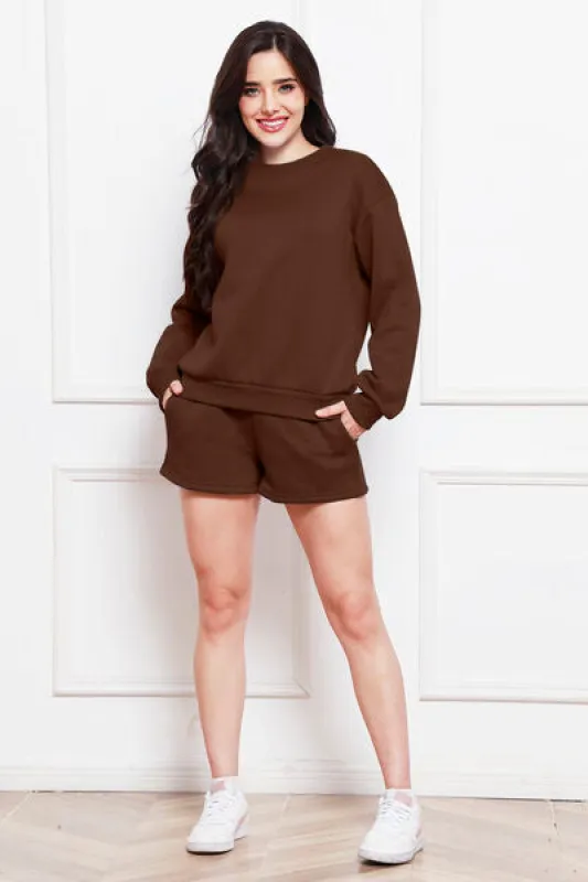 Round Neck Long Sleeve Sweatshirt and Drawstring Shorts Set sold by Charming Charlie