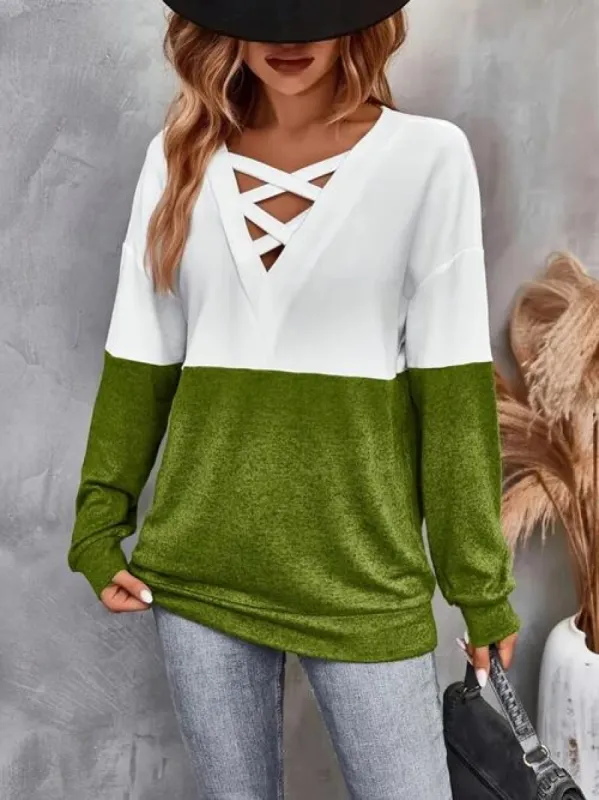 Contrast Crisscross V-Neck Long Sleeve Top sold by Charming Charlie