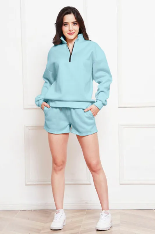 Half Zip Long Sleeve Sweatshirt and Drawstring Shorts Set sold by Charming Charlie