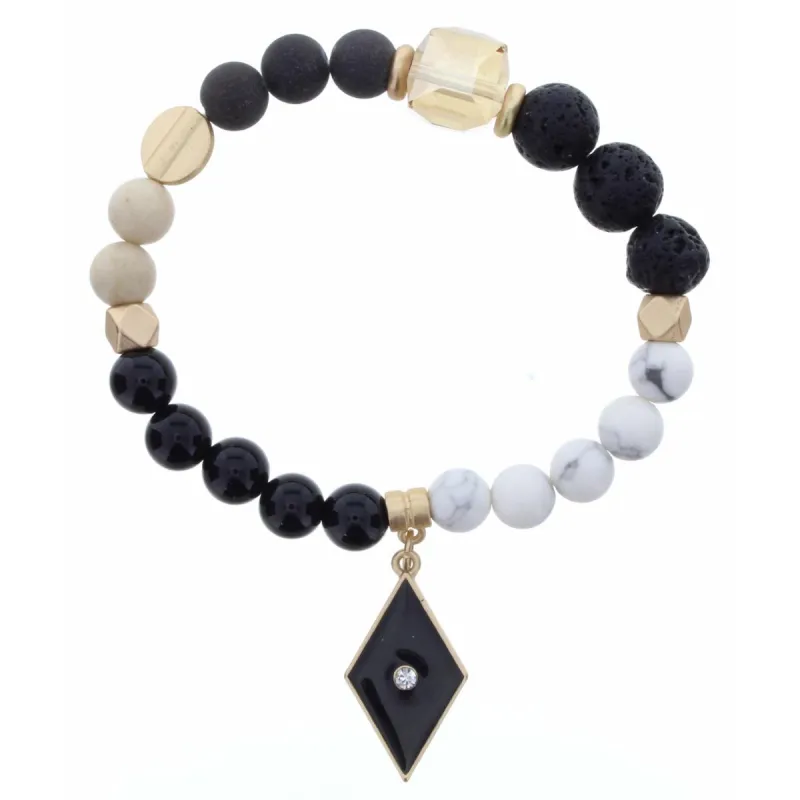 Jet, Tan, and Howlite Beads, Black Enamel Diamond, Clear Crystal Bracelet sold by Charming Charlie
