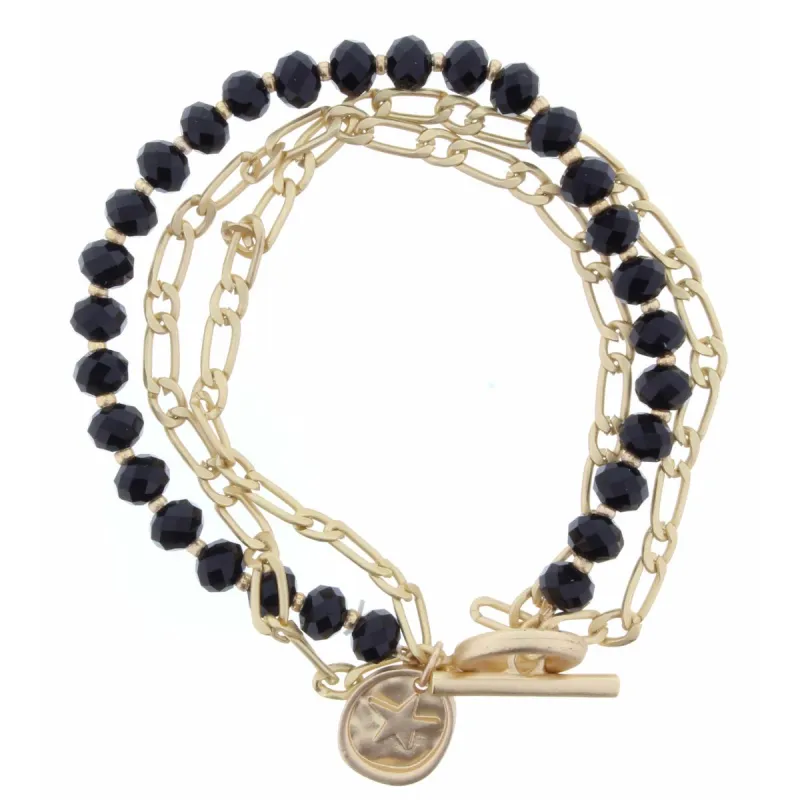 3 Strand Jet Beaded, 2 Gold Chains with Star Wavy Oval Toggle Bracelet sold by Charming Charlie