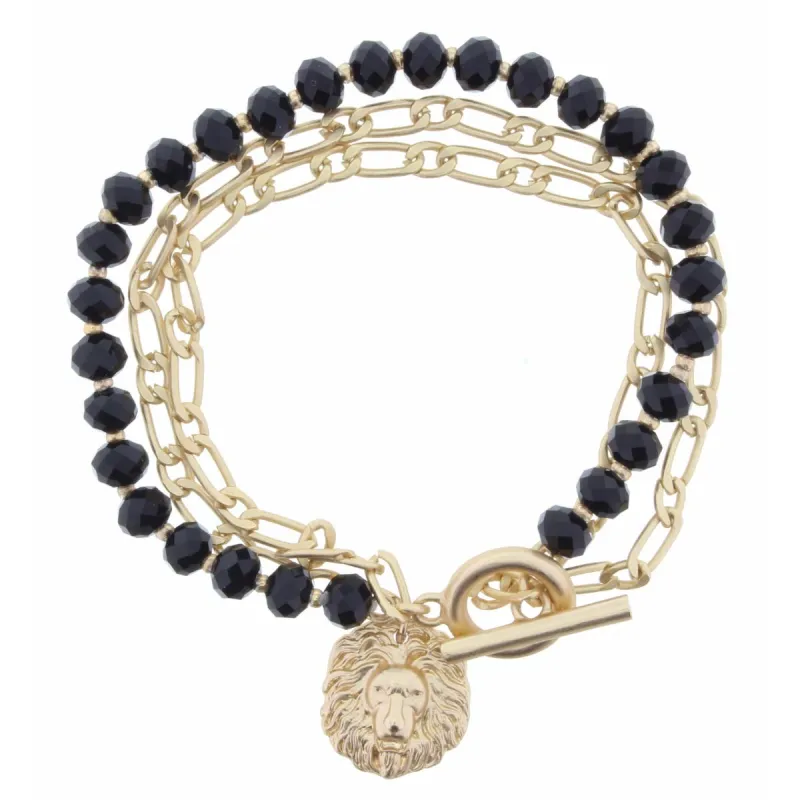 3 Strand, Jet Beaded, 2 Gold Chains with Lion Head Toggle Bracelet made by Charming Charlie