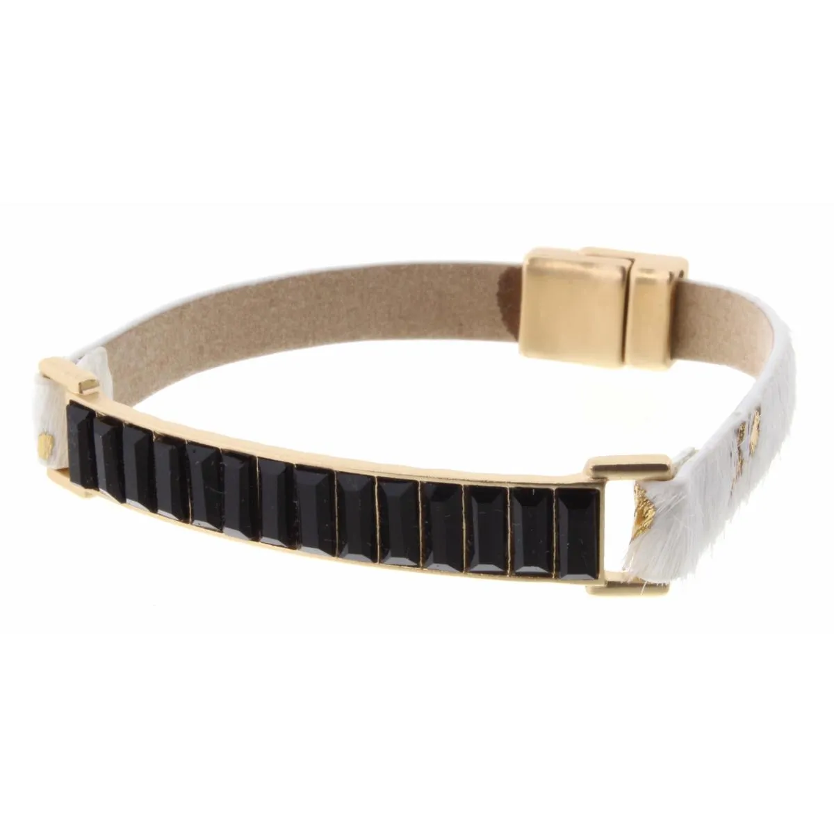 Jet Crystal Bar with White & Gold Cowhide Magnetic Band Bracelet sold by Charming Charlie