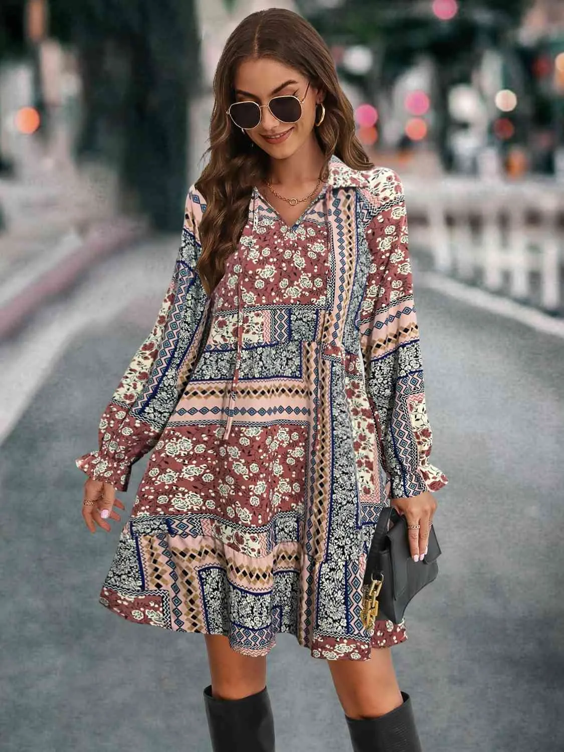 Printed Tie Front Flounce Sleeve Dress sold by Charming Charlie product image thumbnail 5