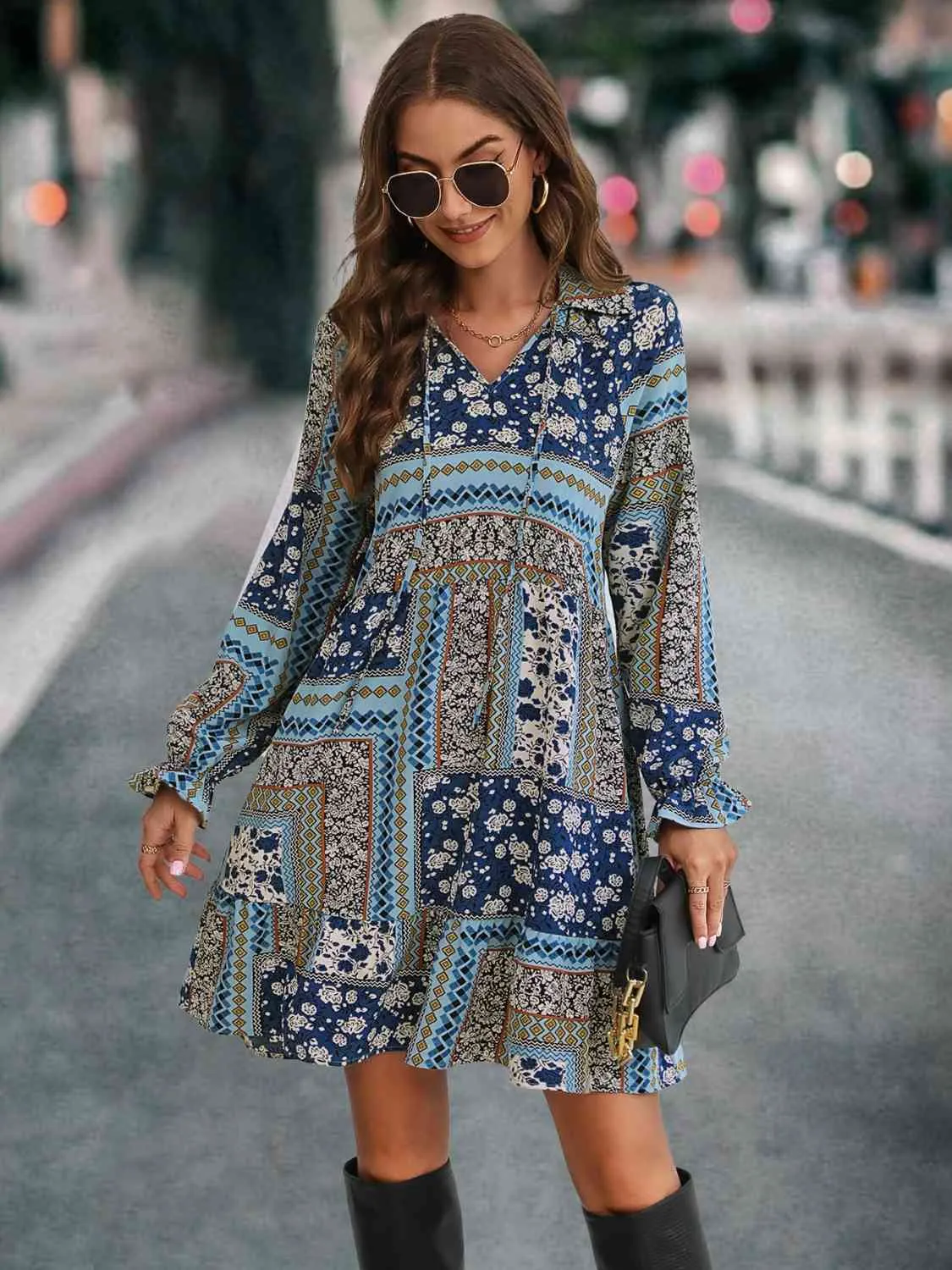Printed Tie Front Flounce Sleeve Dress sold by Charming Charlie product image thumbnail 3