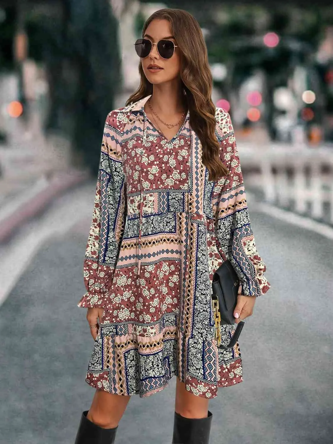 Printed Tie Front Flounce Sleeve Dress sold by Charming Charlie product image thumbnail 4