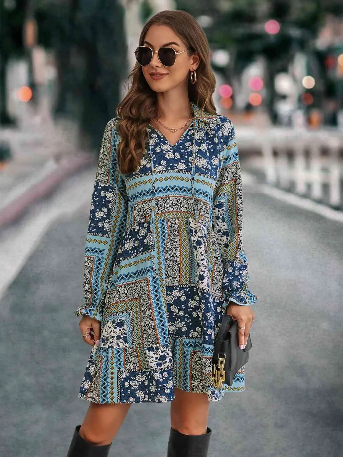 Printed Tie Front Flounce Sleeve Dress sold by Charming Charlie