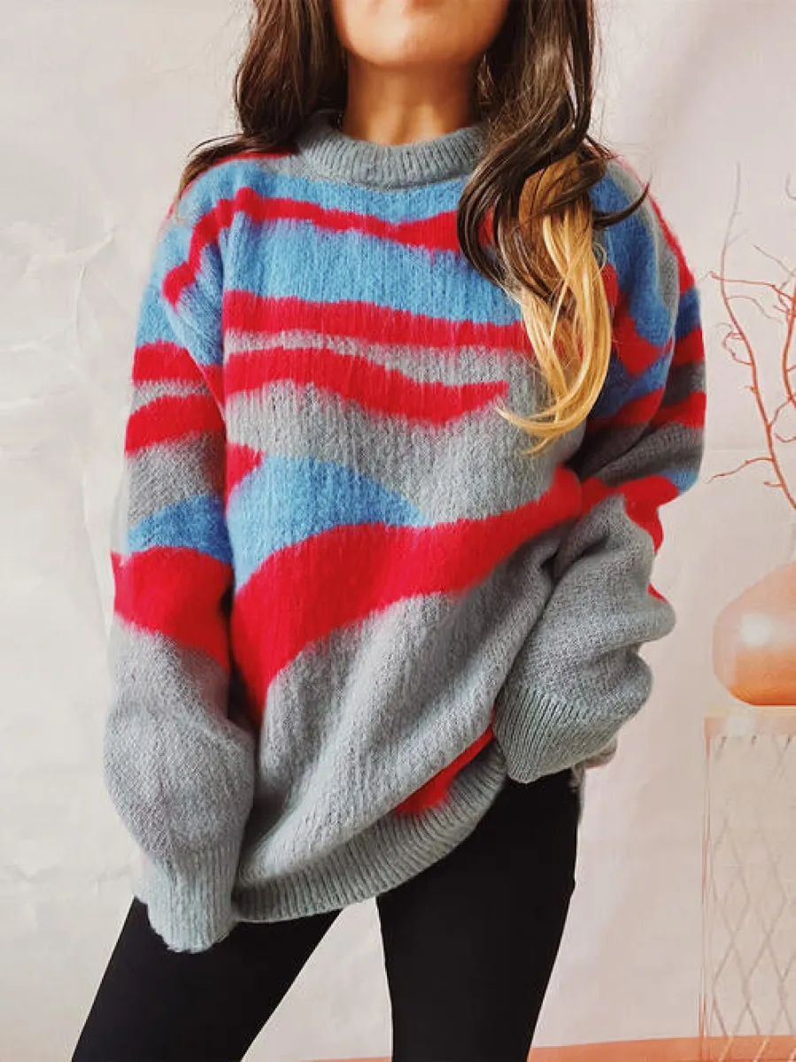 Color Block  Round Neck Loose Sweater main image 1