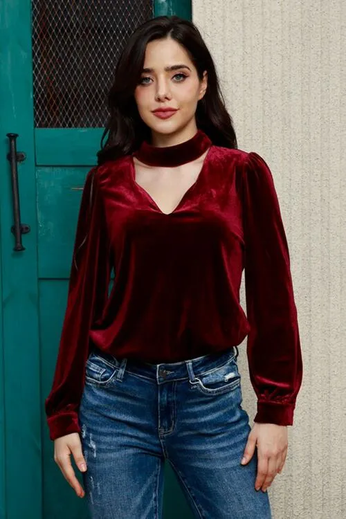 Cutout Puff Sleeve Velvet Blouse sold by Charming Charlie