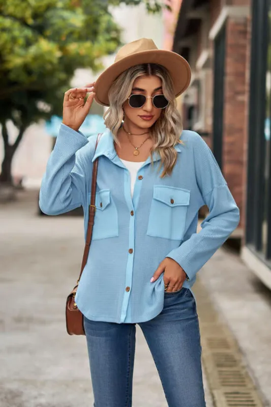 Button Up Collared Neck Long Sleeve Shirt sold by Charming Charlie