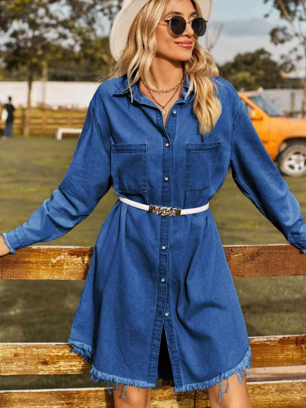 Button Up Collared Neck Raw Hem Denim Dress sold by Charming Charlie