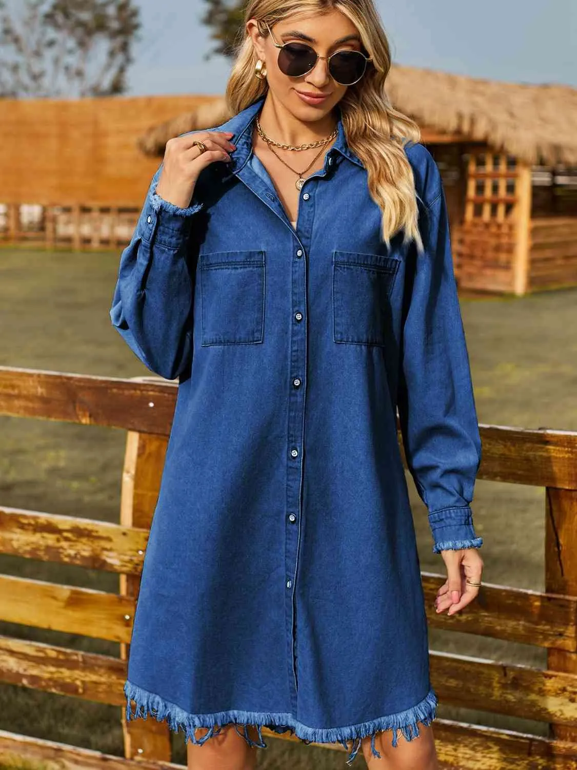 Button Up Collared Neck Raw Hem Denim Dress sold by Charming Charlie product image thumbnail 3