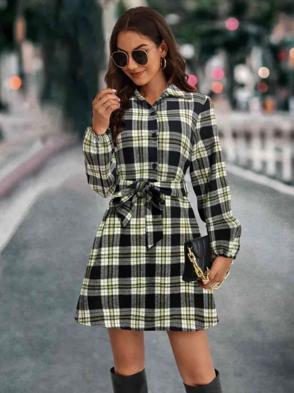 Plaid Tie Front Collared Neck Long Sleeve Dress sold by Charming Charlie