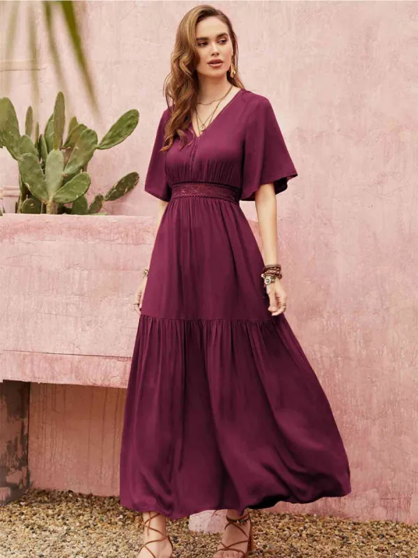 Openwork V-Neck Flare Sleeve Ruched Dress sold by Charming Charlie