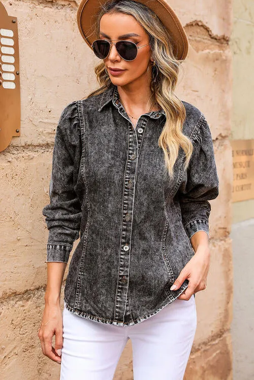 Button Up Collared Neck Denim Top sold by Charming Charlie product image thumbnail 3