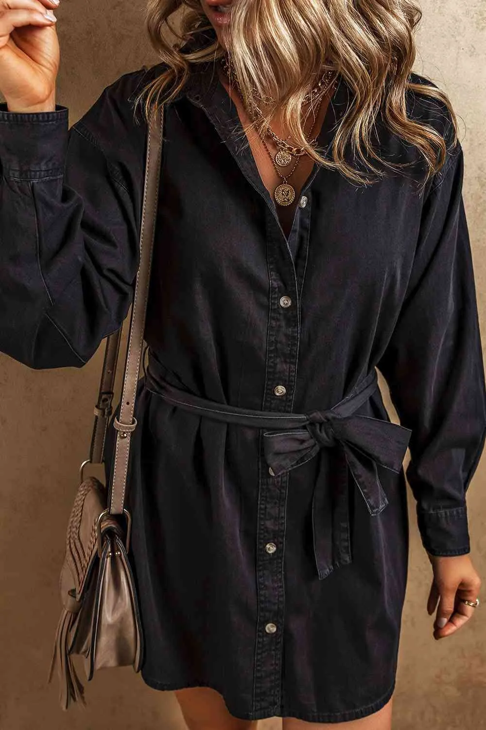 Button Up Collared Neck Denim Dress sold by Charming Charlie product image thumbnail 3