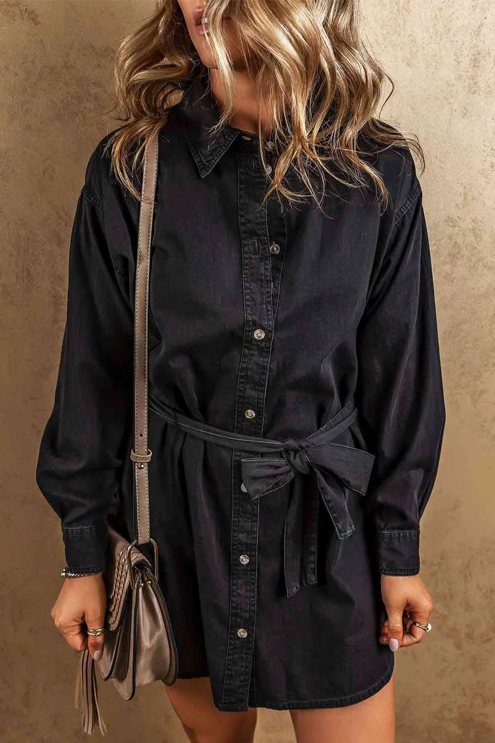 Button Up Collared Neck Denim Dress sold by Charming Charlie product image thumbnail 4