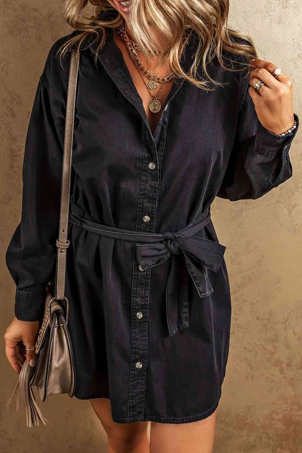 Button Up Collared Neck Denim Dress sold by Charming Charlie