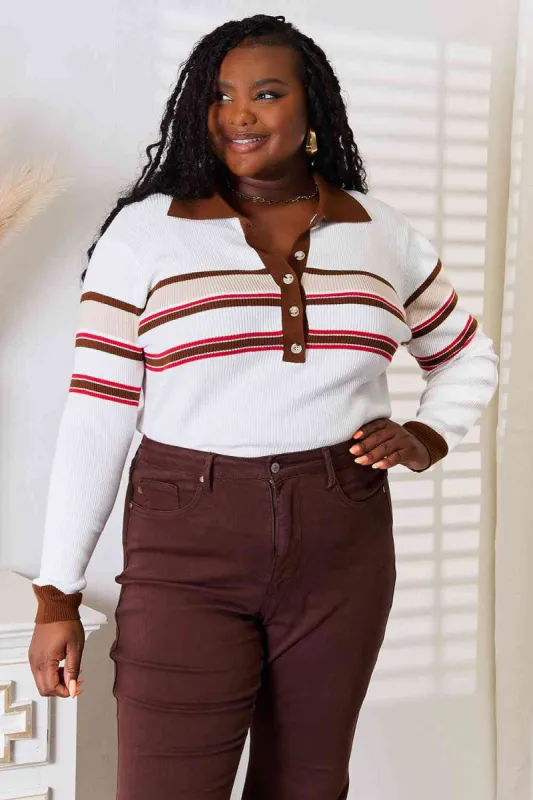 Basic Bae Striped Collared Neck Rib-Knit Top sold by Charming Charlie