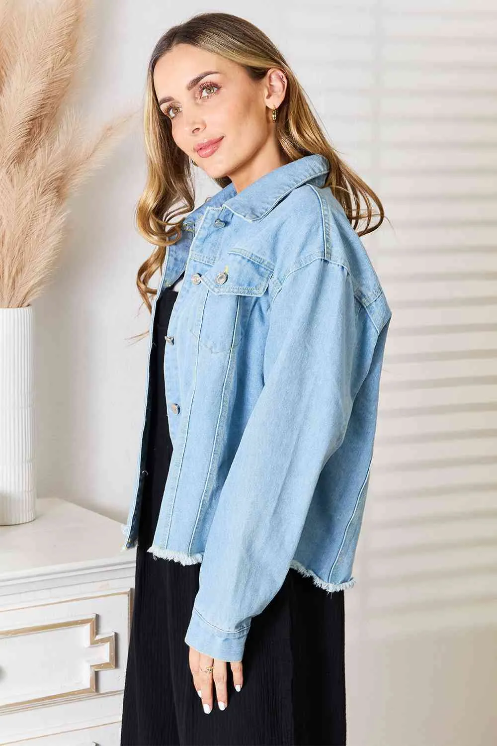 Double Take Dropped Shoulder Raw Hem Denim Jacket sold by Charming Charlie product image thumbnail 4