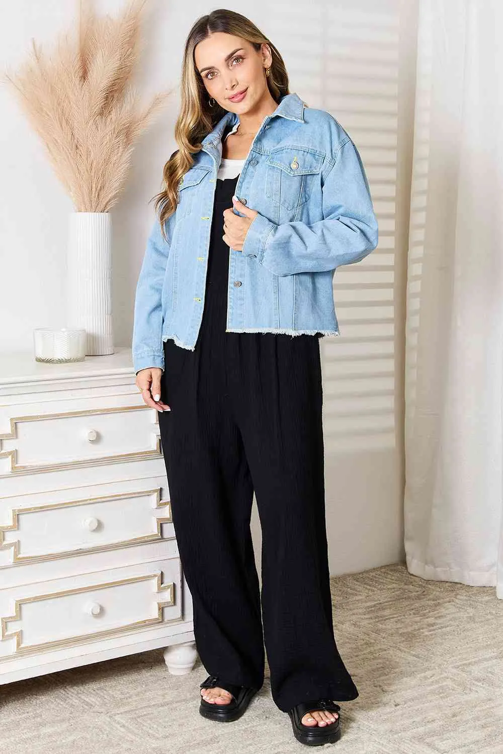 Double Take Dropped Shoulder Raw Hem Denim Jacket sold by Charming Charlie product image thumbnail 5