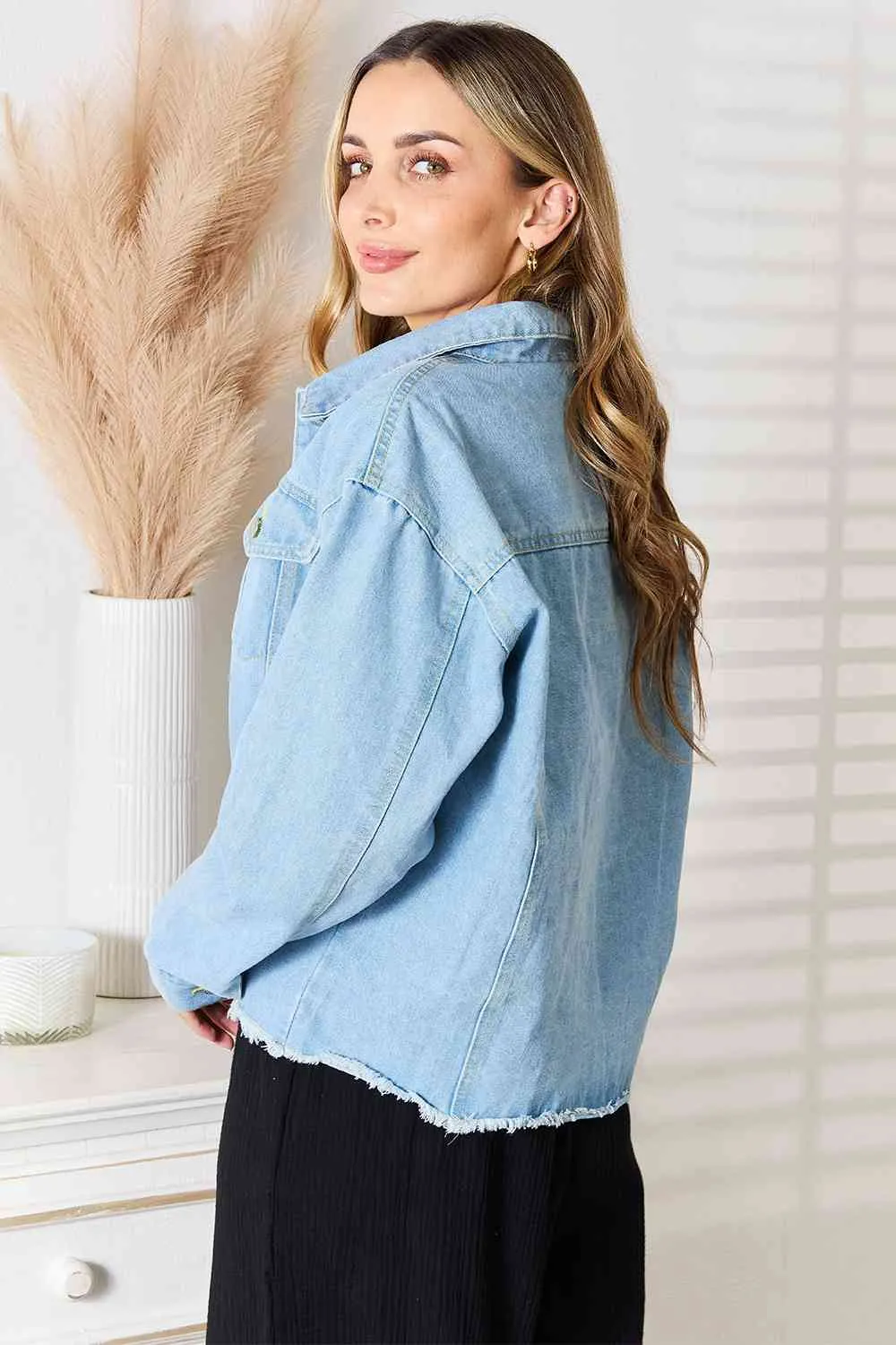 Double Take Dropped Shoulder Raw Hem Denim Jacket sold by Charming Charlie product image thumbnail 2