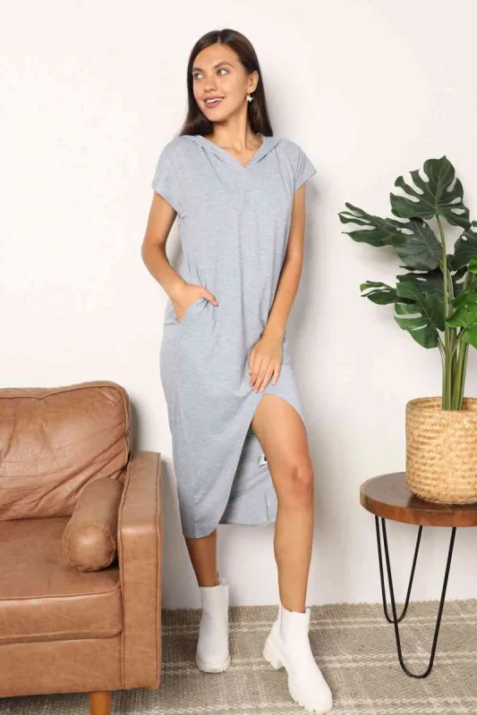 Double Take Short Sleeve Front Slit Hooded Dress sold by Charming Charlie