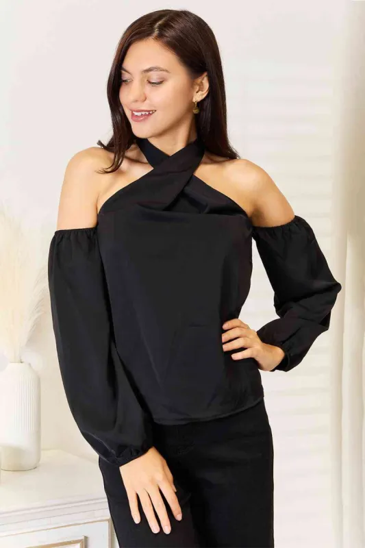 Double Take Grecian Cold Shoulder Long Sleeve Blouse sold by Charming Charlie